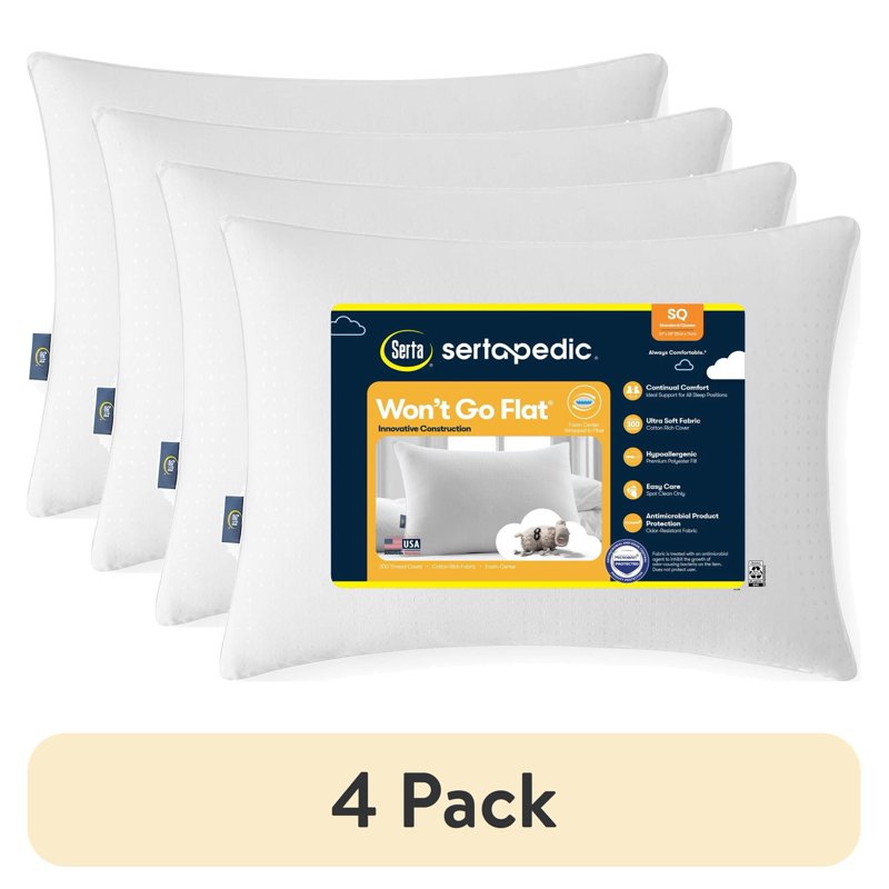 (4 Pack) Sertapedic Won't Go Flat Pillow - Standard/Queen, Hypoallergenic, Supportive Sleep Support