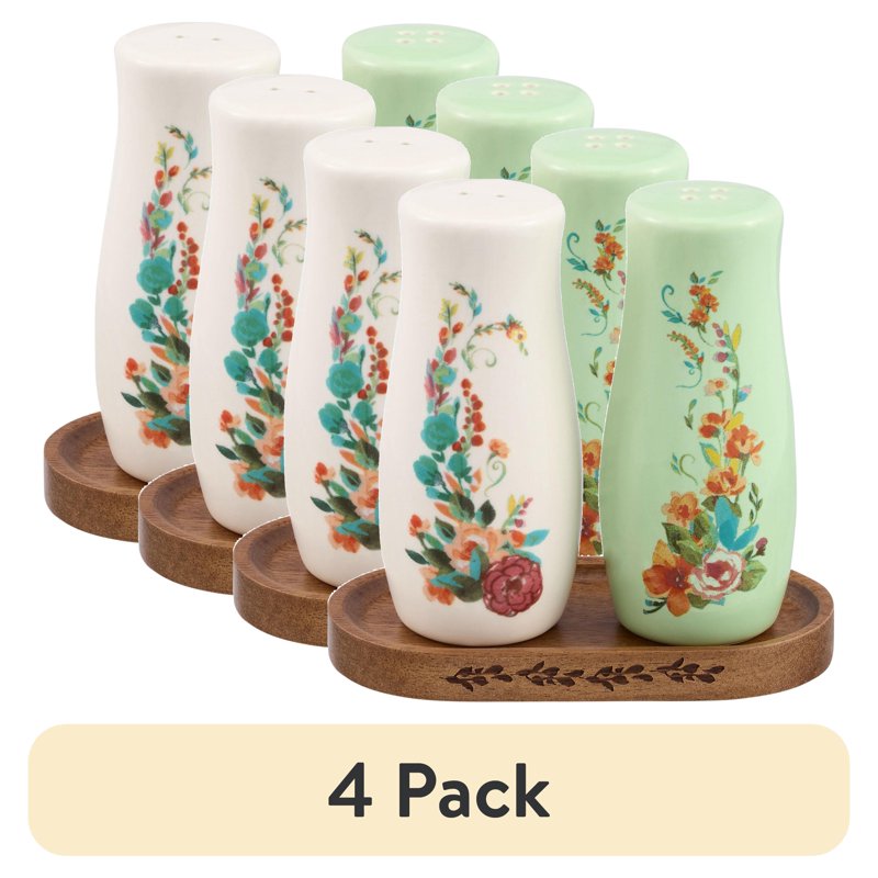 Ceramic Painted Meadow Salt & Pepper Shakers Set with Tray - 4 Pack