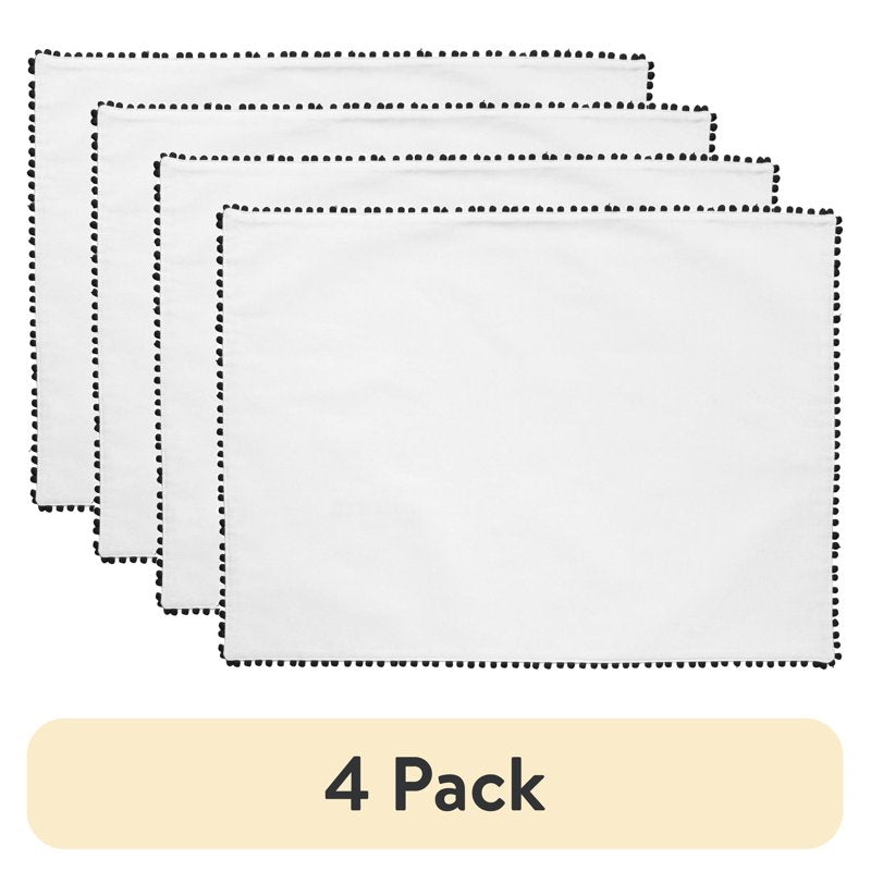 14 x 19 Inch Ivory Placemat with Black Pom Pom Trim - 4 Pack