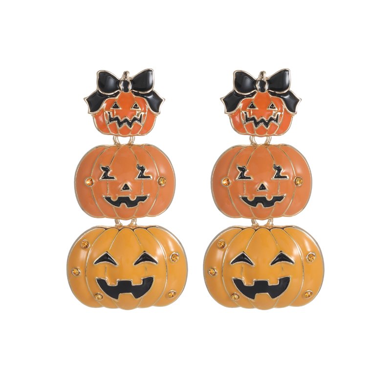 Jack-O-Lantern Stack Halloween Earrings - Spooky Season Dangle Jewelry - Goldtone, Hypoallergenic, 1 Pair