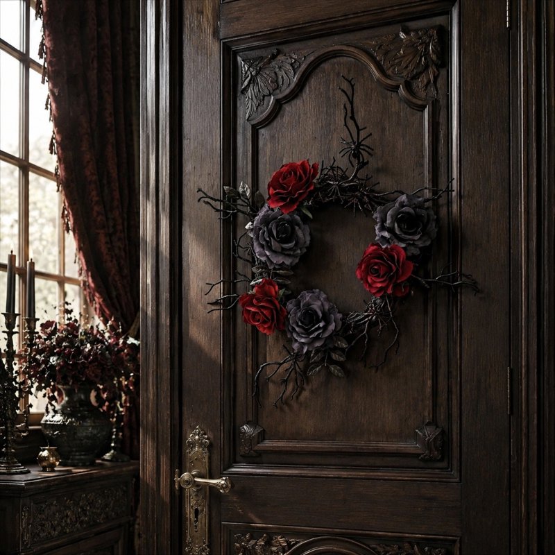 Halloween Wreath with Red Roses - 12 Inch Gothic Fall Door Decor, Bats & Skulls