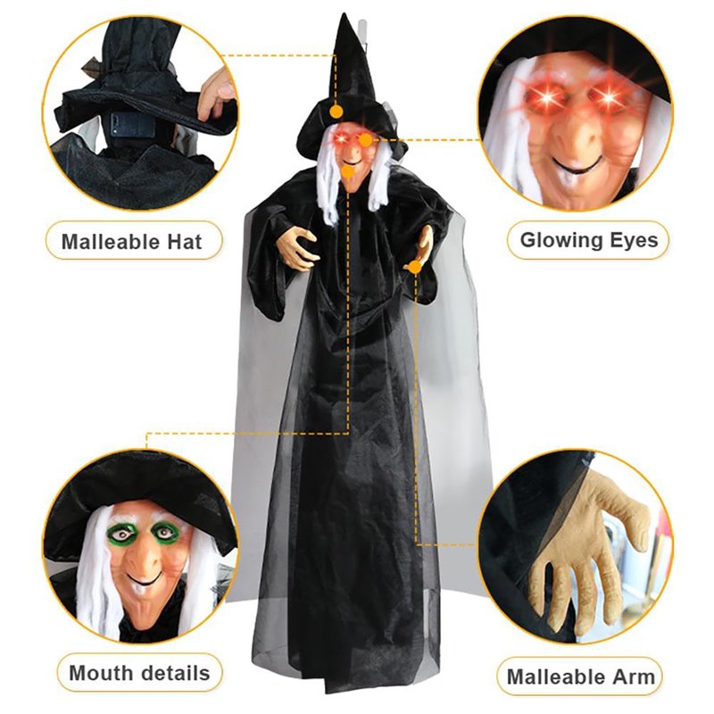 Life Size Hanging Witch Halloween Decor D - Sound & Touch Activated Animated Prop, Indoor & Outdoor Spooky Decorations