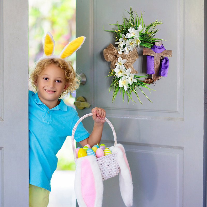 Easter Wreath Cross Door Sign Christian Floral Front Door Decor 13.8 Inch