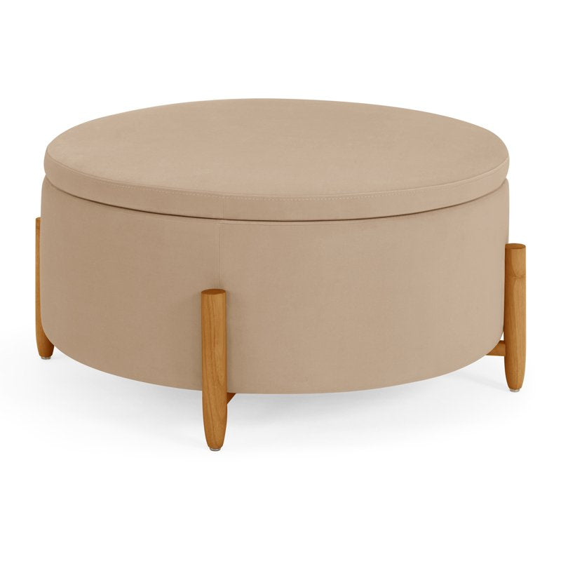 Round Storage Ottoman in Beige Velvet with Hidden Storage