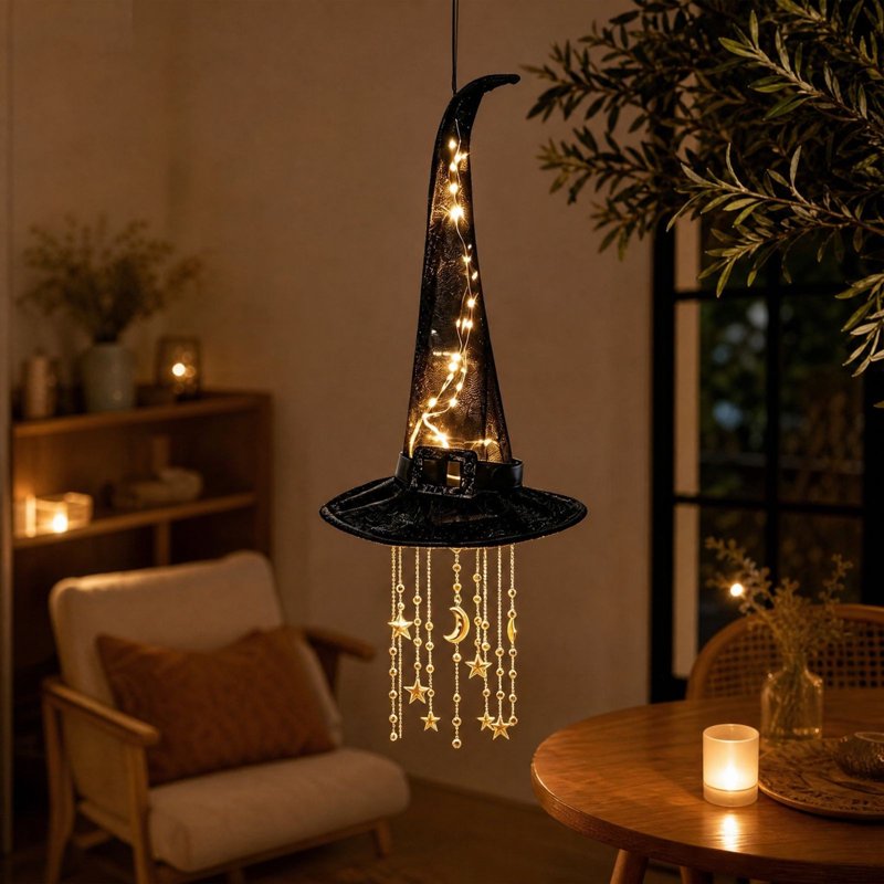 Lighted Witch Hat Hanging Halloween Decoration - 2 Pack Long Style
