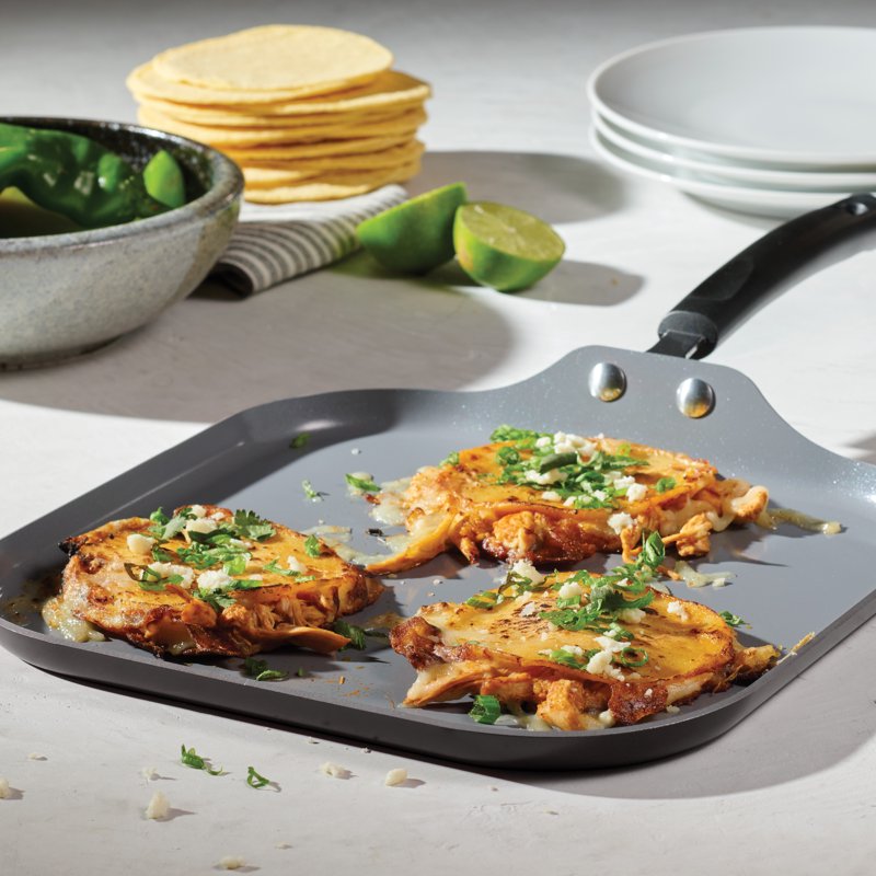 11-Inch Ceramic Square Griddle - Steel Gray, Dishwasher Safe