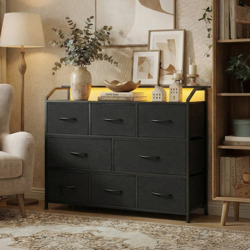 Multifunctional 8-Drawer Fabric Dresser with LED Lights & Power Outlets