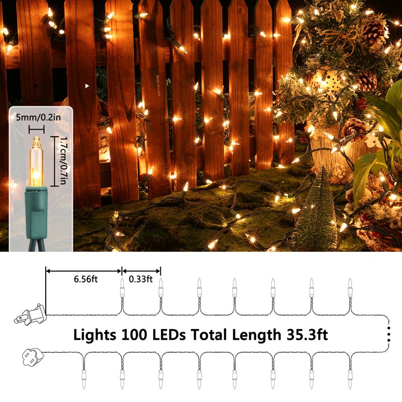 Toodour Warm White Christmas String Lights - 26.5ft 100 Incandescent Connectable Green Wire