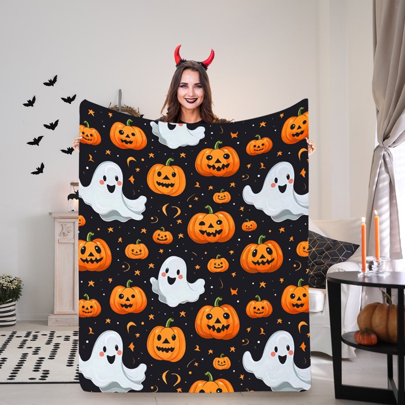 Halloween Flannel Throw Blanket - Ghost Pattern, 70x100cm, Black, Cozy Lightweight Decor