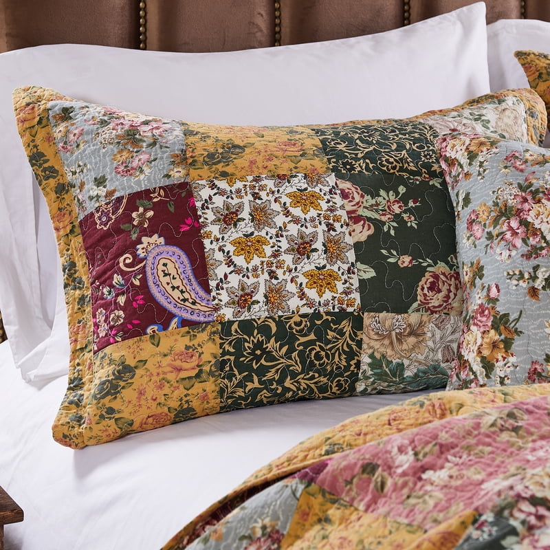 King Size Patchwork Quilt Set - Antique Chic 100% Cotton Bedding with Shams & Decorative Pillows