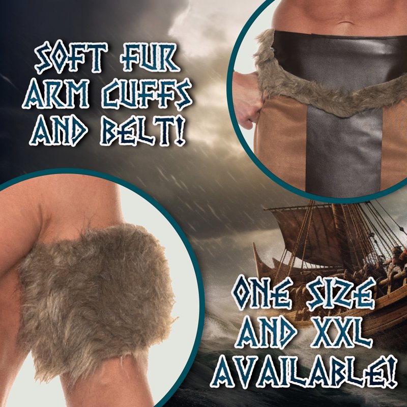 Men's Halloween Barbarian Costume with Faux Suede Skirt Fur Belt & Arm Cuffs
