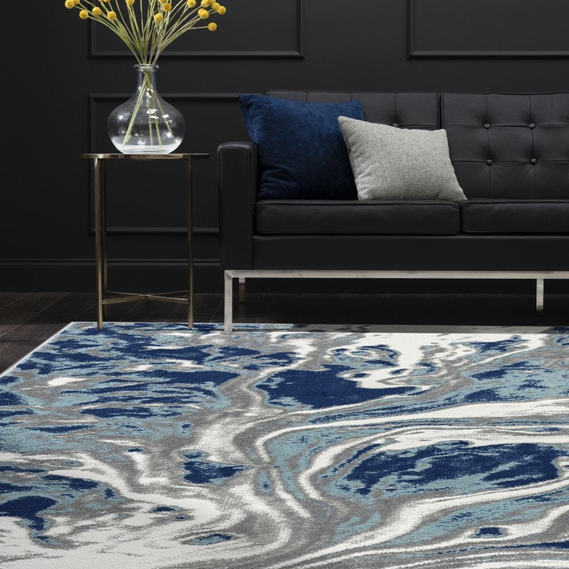 Blue Contemporary Abstract Area Rug 7'11'' x 10'3'' for Living Room & Bedroom