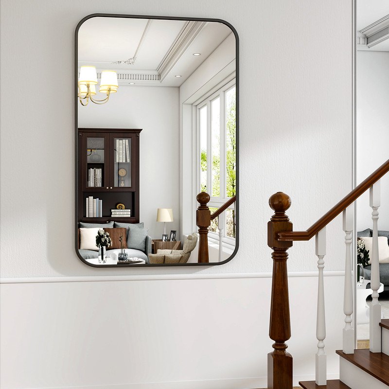 Bathroom Mirror 38x26 Inch Rectangular Wall Mount with Rounded Corners Black - Modern Design