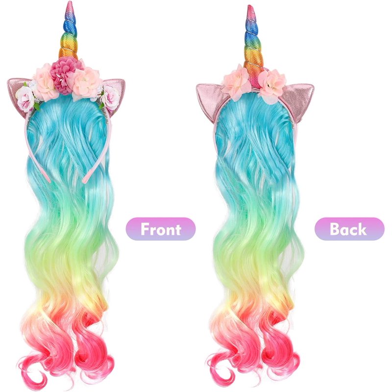 Unicorn Headband with Curly Hair Piece for Girls - Rainbow Party Hair Accessories - Variation of THIS listing