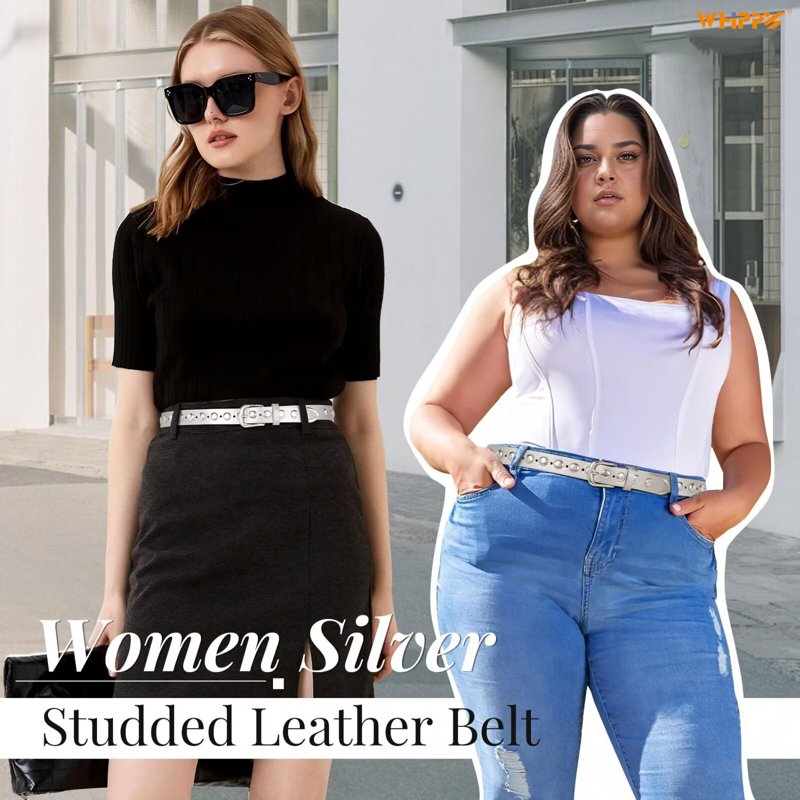 Women's Leather Belt for Jeans & Dresses - Silver, Fits 40-44" - Studded PU Fashion Belt
