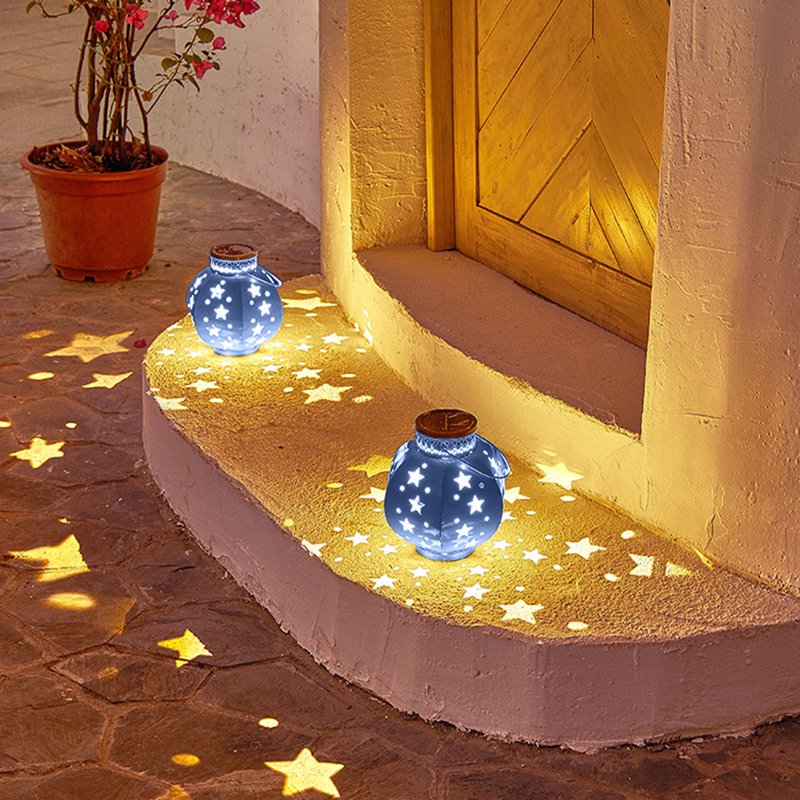 Blue Solar Outdoor Table Lantern with Flickering Flame - Weather-Resistant Metal Garden Light