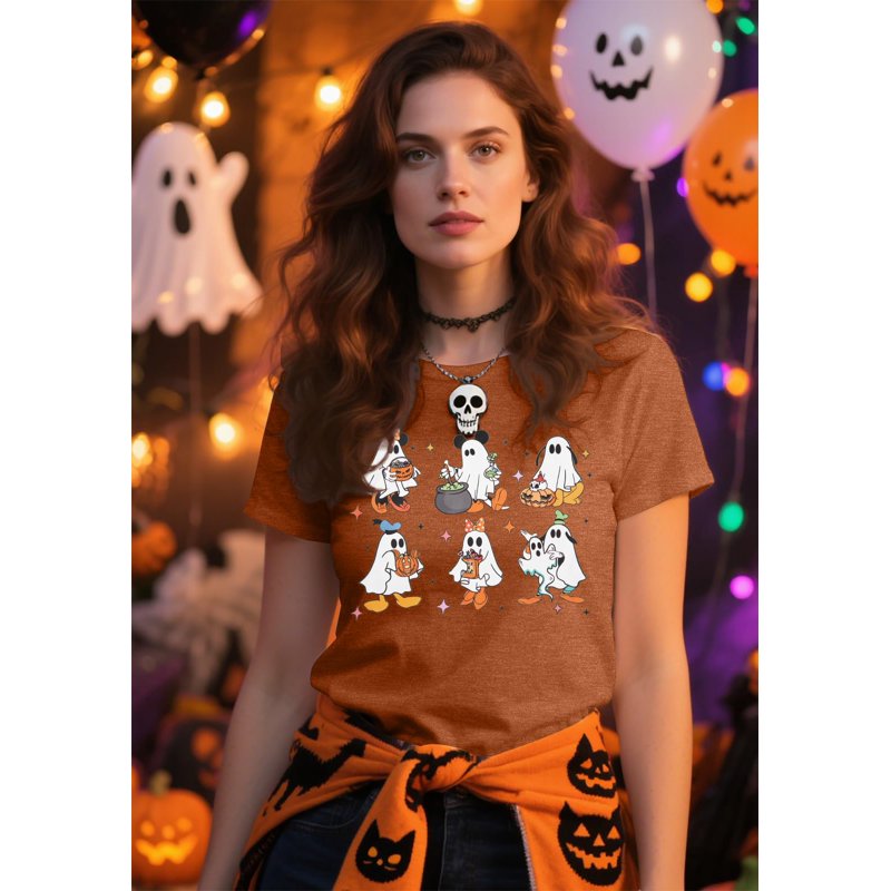 Women Halloween Pumpkin Ghost Graphic T-Shirt - Brown M