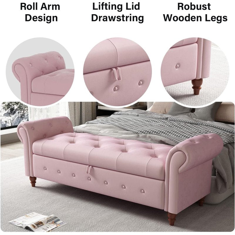 63" Storage Ottoman Bench with Rolled Arms & Button Tufting