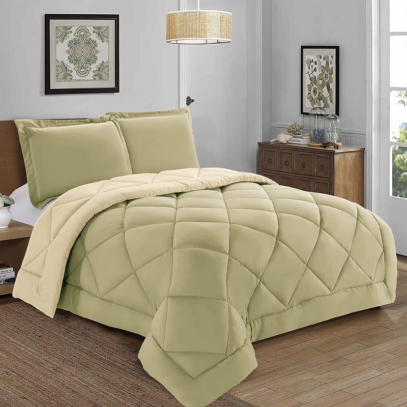 Reversible Down Alternative Comforter Set Full/Queen - Sage and Cream, All-Season Microfiber Bedding