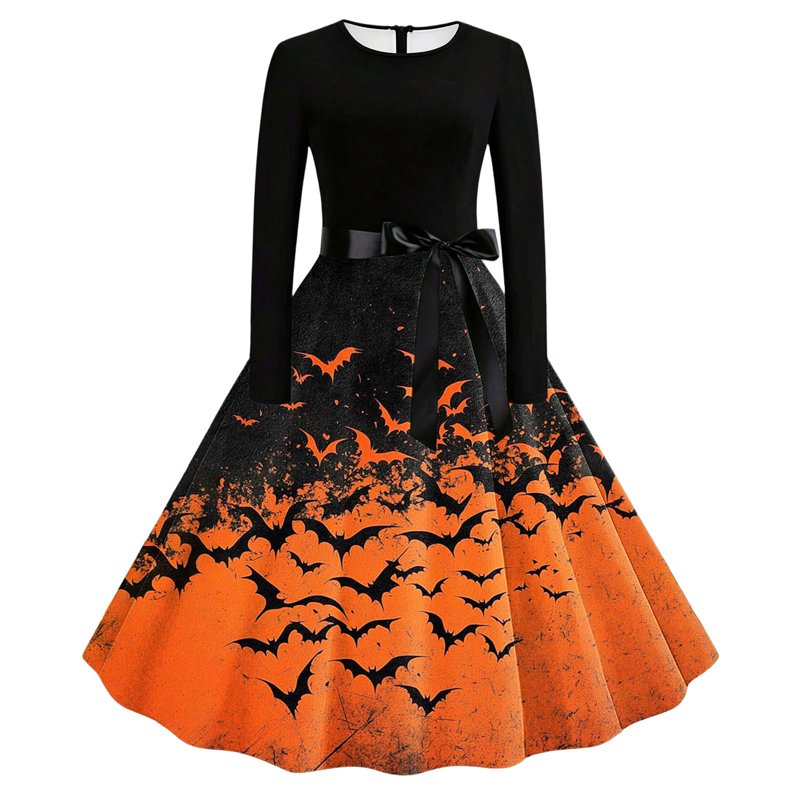 Women's Vintage Halloween Bat Print Swing Dress with Satin Sash - Orange, L