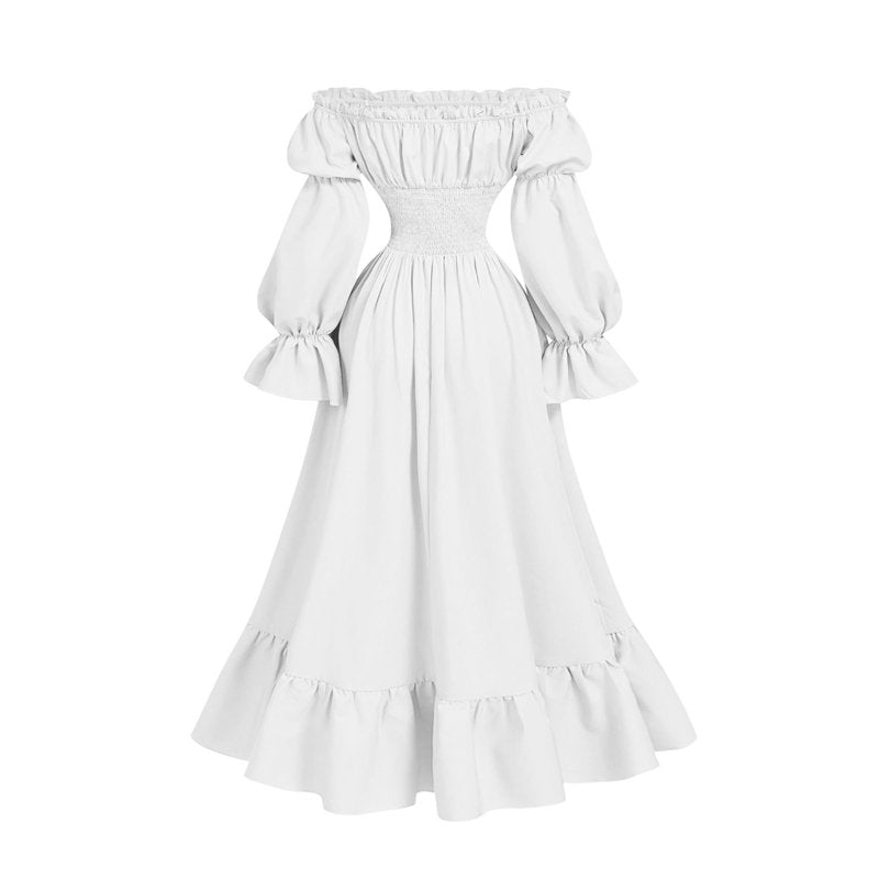 Gothic Corset Maxi Dress for Women Halloween Victorian Long Dress with Puff Sleeves & Ruffle Hem - White XL - Variation BB-White