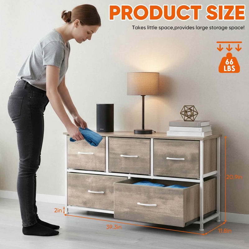Fabric Drawer Nightstand with Wooden Top - 5 Drawer Oak