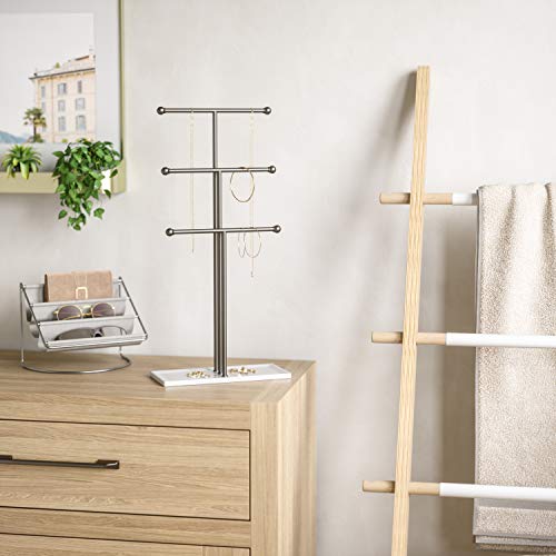 Umbra Trigem Hanging Jewelry Organizer Tiered Tabletop Free Standing Necklace Holder Display, White/Nickel