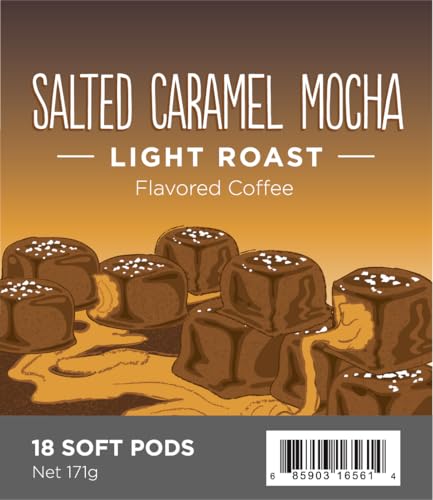 Wolfgang Puck Coffee, Salted Caramel Mocha, 9.5 Gram Soft Pods, 18 Count (Pack of 6)
