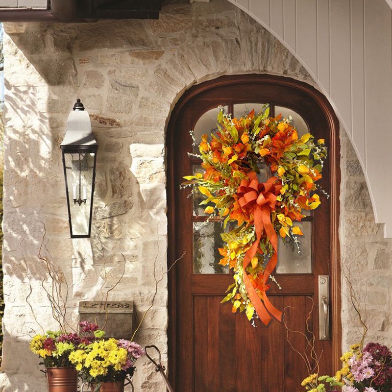 Fall Wreath for Front Door - Artificial Maple Leaves Halloween Christmas Harvest Decor 23.62"