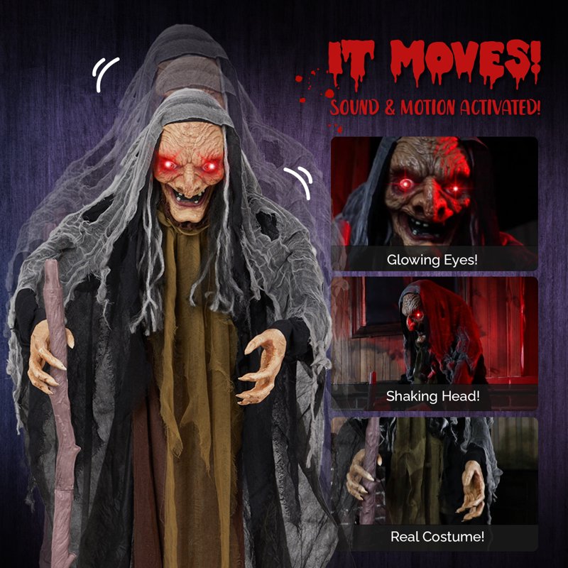 Yescom 5.3ft Animated Witch Halloween Decoration with Sound-Activated LED Eyes