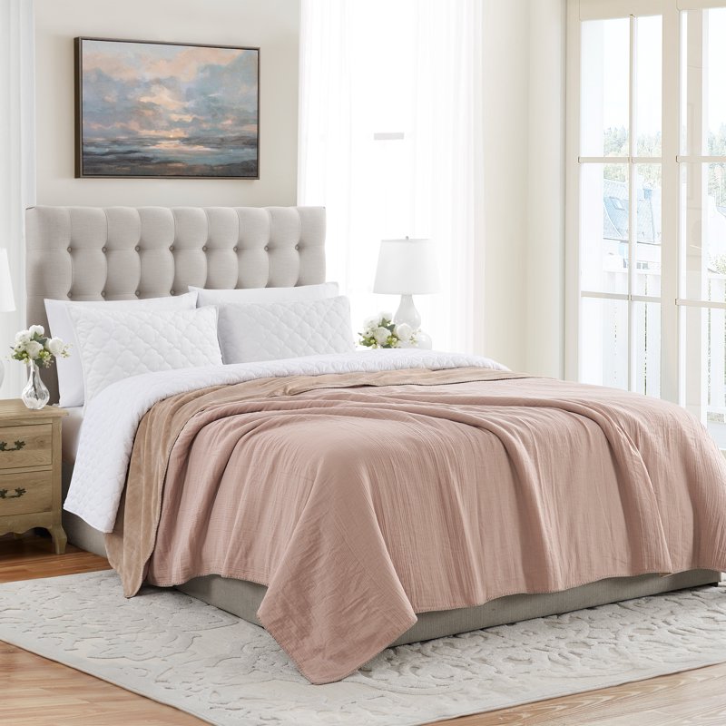 King Muslin Flannel Bed Blanket - Taupe, Reversible Lightweight Bedding