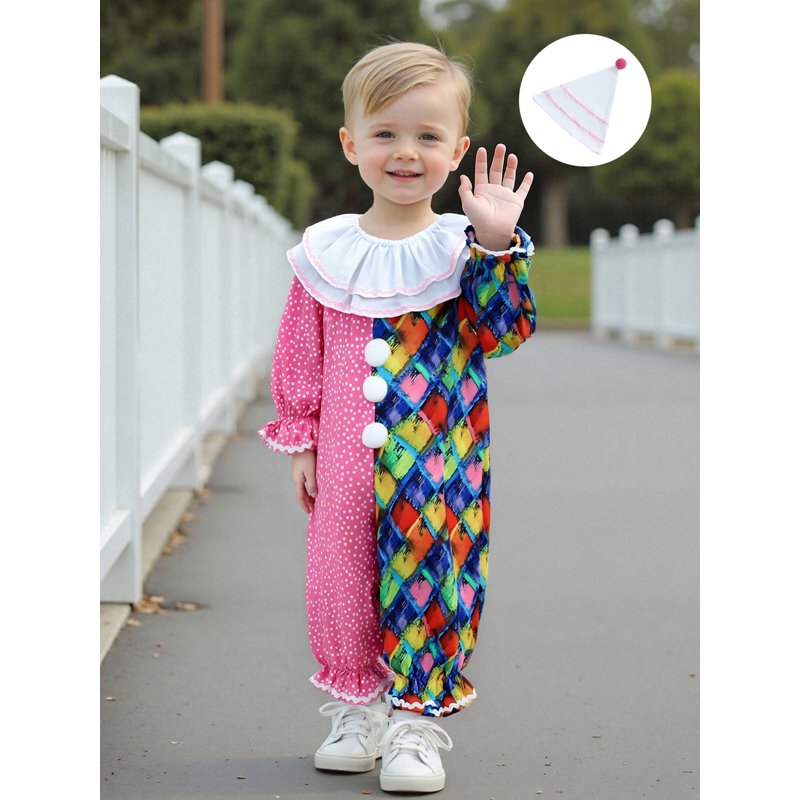 Kids Toddler Baby Clown Costume Romper & Hat Set - Pink White 2-3 Years