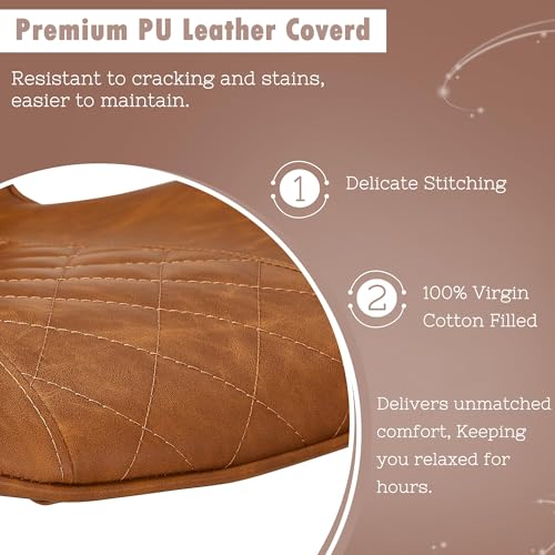 VECELO Quilted Bar Stools Set of 2, Adjustable Bar Height Swivel Bar Stools with Back, PU Leather with Stitching, Mid-Century Modern, 100% Virgin Cotton, 28~31" Tall, for Kitchen, Pub, Caramel Brown