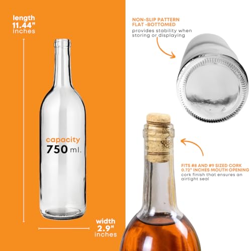 FastRack - 750ml Clear Bordeaux Wine Bottles (Pack of 48) | W5 Clear/Flint Flat-Bottomed Cork Top Liquor Bottles | 750 ml Glass Bottle for Wine Making | 4 Cases of 12 - NO CORKS INCLUDED