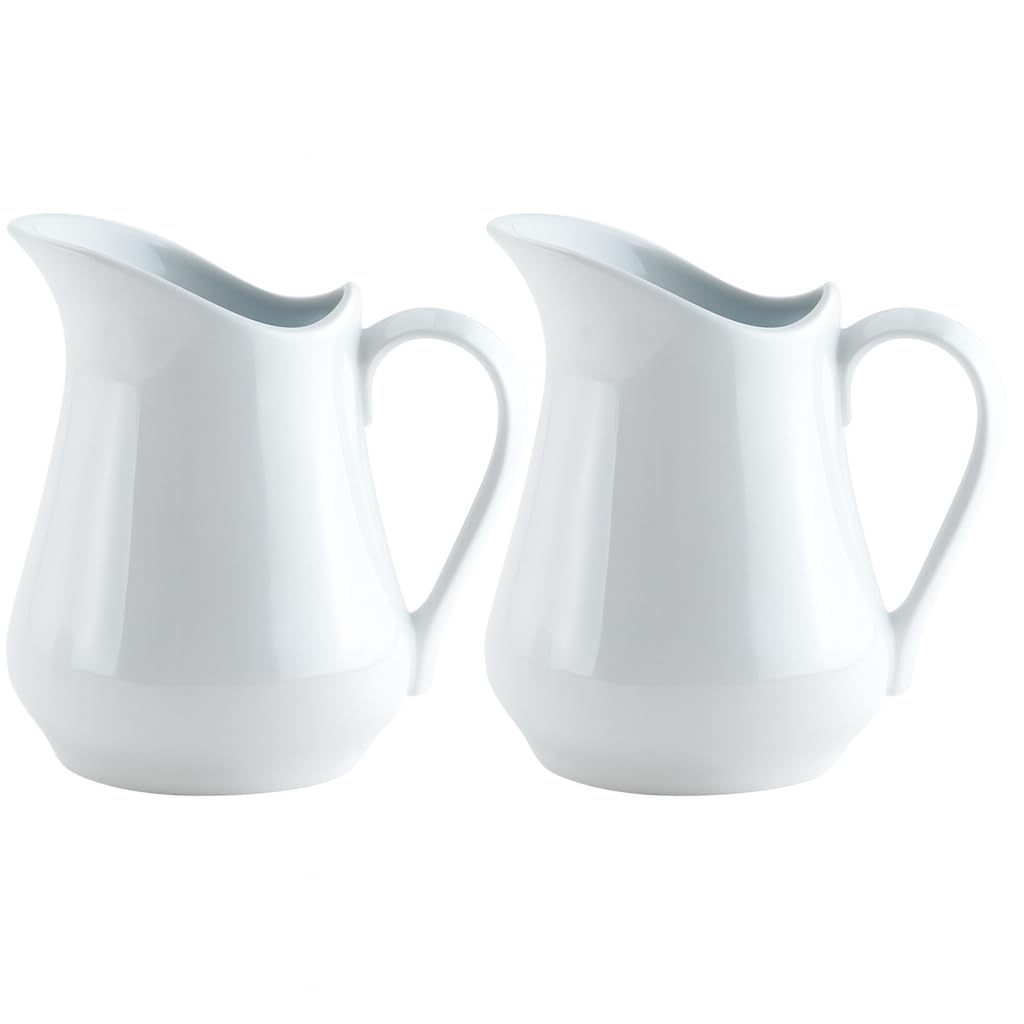 HIC Kitchen Creamer Pitcher With Handle, Fine Porcelain, 8-Ounce Capacity, For Coffee, Tea, Dressings, Sauces, Set of 2