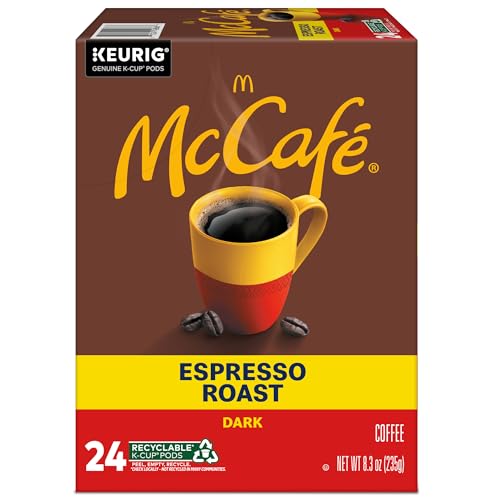 McCafe Espresso Roast Coffee, Keurig Single-Serve K-Cup Pods, 96 Count (4 Packs of 24), Dark Roast Made with Arabica Beans, Bold Flavor with Bittersweet Chocolate & Toasted Nut Notes