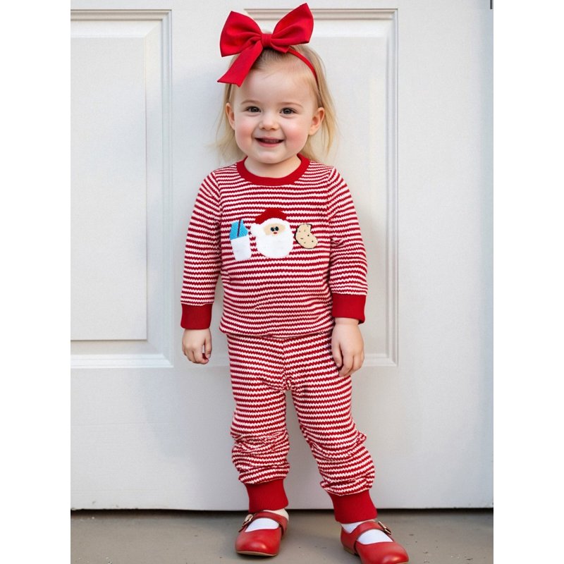 Toddler Boy Girl Christmas Outfit Set 2T Style 14 Santa Embroidery Striped Long Sleeve Pullover and Pants