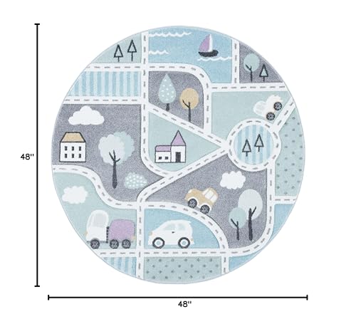 SAFAVIEH Carousel Kids Collection 4' Round Grey/Light Blue CRK193F Neighborhood Non-Shedding Nursery Playroom Area Rug