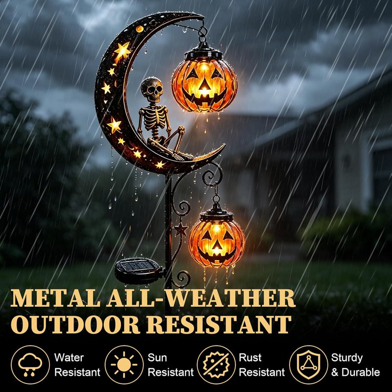 Solar Halloween Skull Garden Stake Light Waterproof Metal Yard Lantern - Black