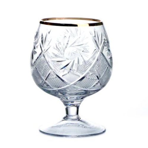SET of 6 Russian Cut Crystal Cognac Scotch Whiskey Stemmed Snifter Goblet Glass, 24K Gold Rimmed 5 Oz. Vodka Liquor Old-fashioned Glassware Hand Made