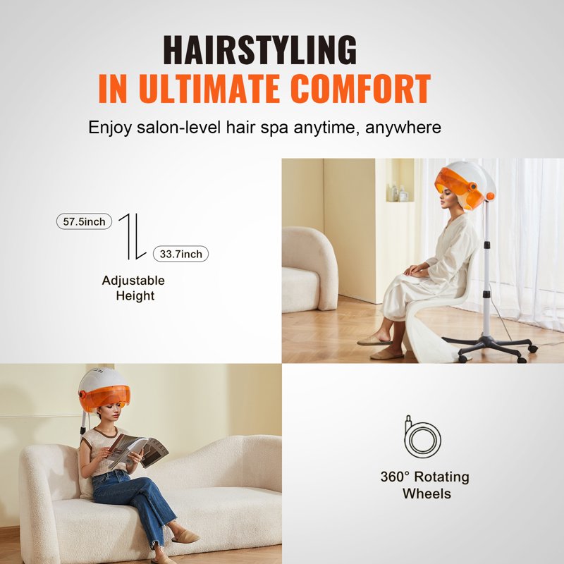 Adjustable Hooded Hair Dryer with Rolling Base - 1875W