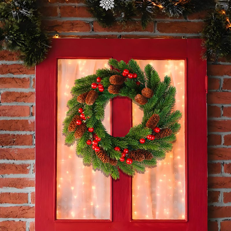 Christmas Wreath with Lights - 14.17 Inch Red Berries Pine Cones Front Door Decor - Variation 4B