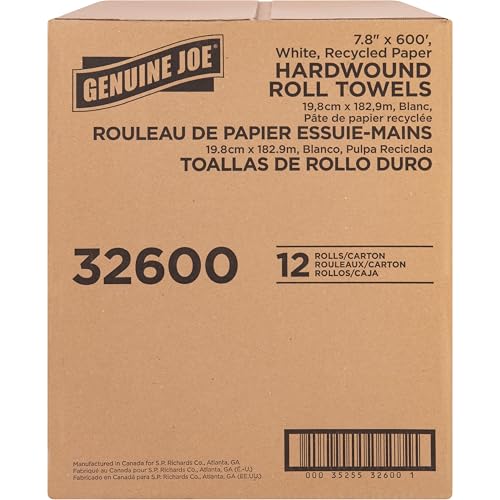 Genuine Joe Embossed Hardwound Roll Towels, 2" Core, 1-Ply, 7.8" x 600', White, 12 Count