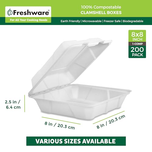 Freshware Compostable Clamshell Food Containers [8x8" 200-Pack] Disposable To Go Containers, Biodegradable Sugarcane To Go Boxes - Heavy Duty Paper Containers - Microwave & Freezer Safe, Stackable