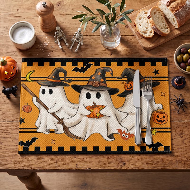 Halloween Placemats Set of 4 - 12x18 F Jack-O'-Lantern Bat Ghost Broom Decor