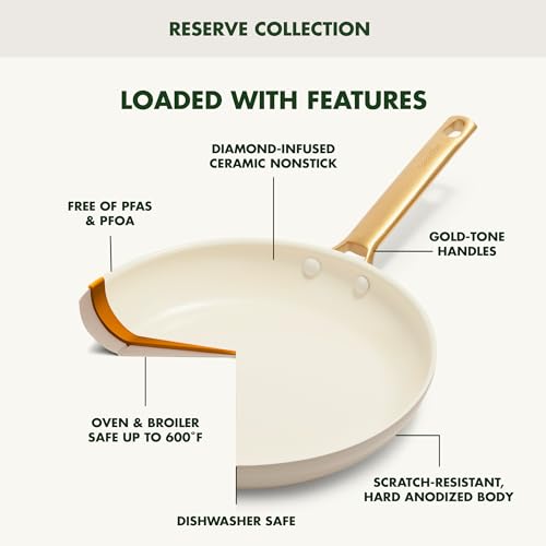 GreenPan Hard Anodized Healthy Ceramic Nonstick 8" and 10" Frying Pan Skillet Set, Gold Handle, PFAS-Free, Dishwasher Safe, Oven Safe, Cream White