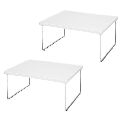 mDesign Metal Stacking Storage Organization for Shelves Inside Cabinets in Kitchen, Pantry, Cupboard, or Fridge/Freezer - Organizer Stand for Food, Plates, Bowls, Mugs, Ligne Collection, 2 Pack, White