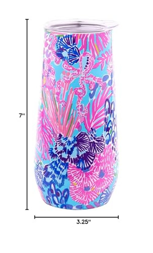 Lilly Pulitzer 10 Oz Stemless Champagne Flute, Small Stainless Steel Tumbler with Lid, Double Wall Insulated Metal Cup, Splendor in the Sand