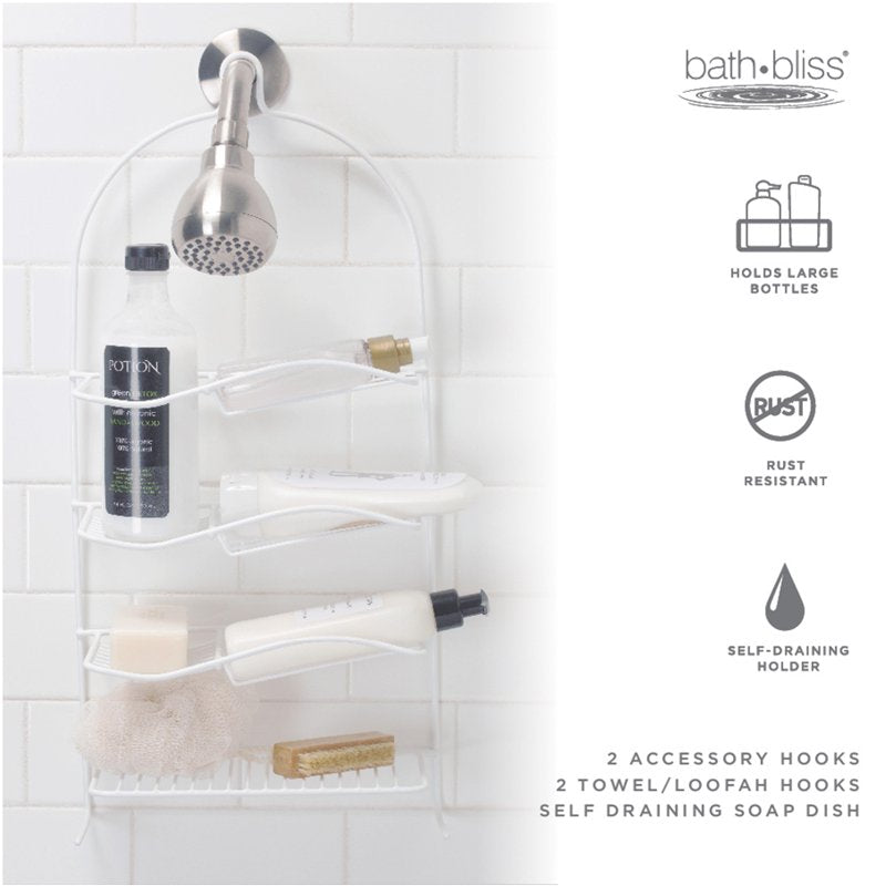 Metal Shower Organizer with 4 Shelves and Hooks - White Bathroom Caddy