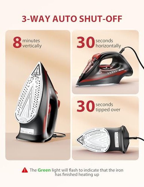 Steam Iron for Clothes, Automatic Shutoff, Light Weight, 1500W Iron with Non-Stick Ceramic Soleplate, 3-Way Auto-Off, Rapid Heating, Self-Cleaning, 15.21oz Water Tank Ironing Clothes for Home